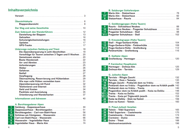 Das Inhaltsverzeichnis des Wanderführers "Alpenüberquerung Salzburg - Triest".