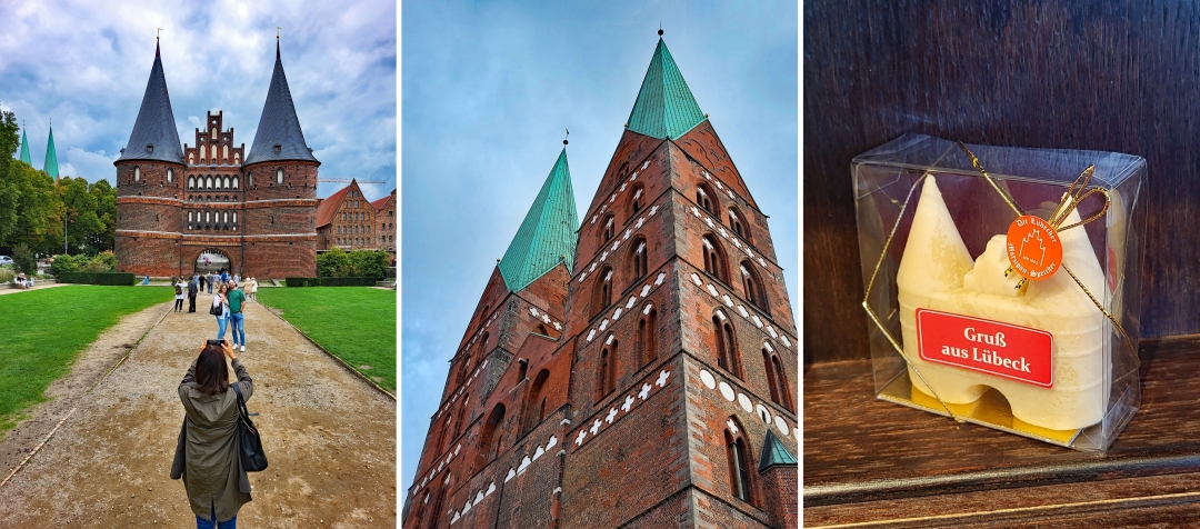 Die Wahrzeichen Lübecks: Das Holstentor, die Marienkirche und das Lübecker Marzipan. (Fotos: Christof Herrmann, 2022)