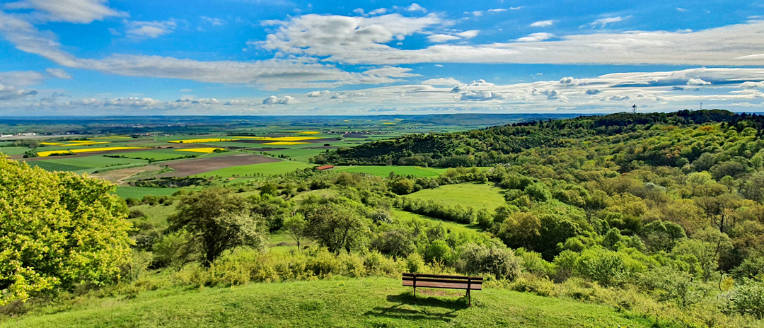 Blick vom Petersberg auf die Frankenhöhe und in den Aischgrund. (Foto: Christof Herrmann, 2021) Blick vom Petersberg auf die Frankenhöhe und in den Aischgrund. (Foto: Christof Herrmann, 2021)