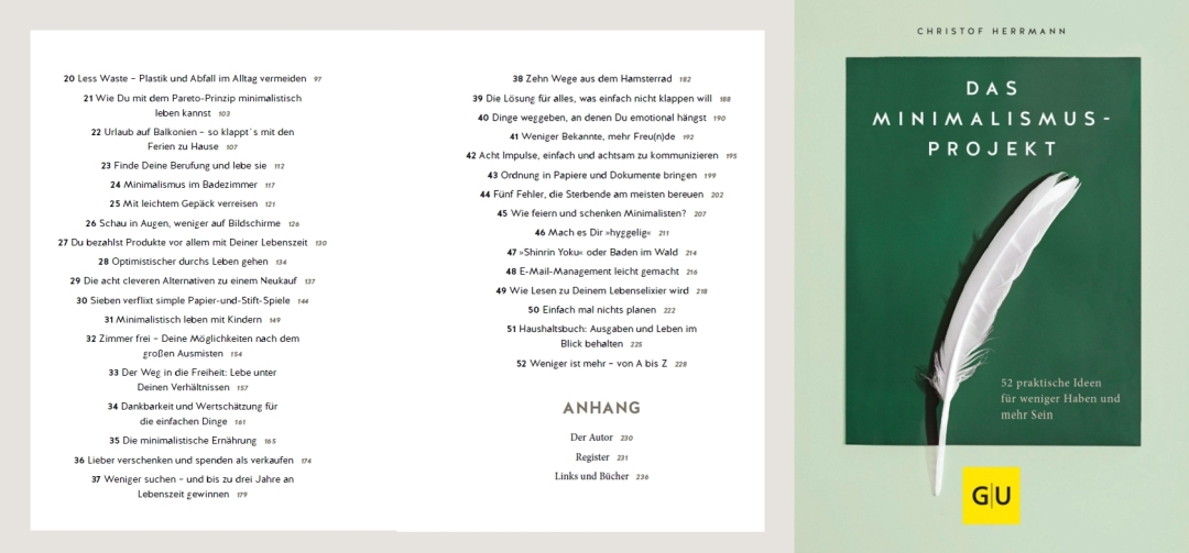 Mein Ratgeber "Das Minimalismus-Projekt – 52 praktische Ideen für weniger Haben und mehr Sein" ist in der 5. Auflage erschienen.
