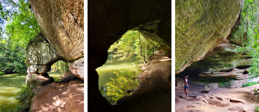 Drei Aufnahmen der Schwarzachklamm bei Schwarzenbruck zeigen Felsüberhänge, Wollsackverwitterung am Sandstein, Auskolkungen, Höhlen, schmale Durchgänge, den Wanderpfad am Fluss und üppige Vegetation.