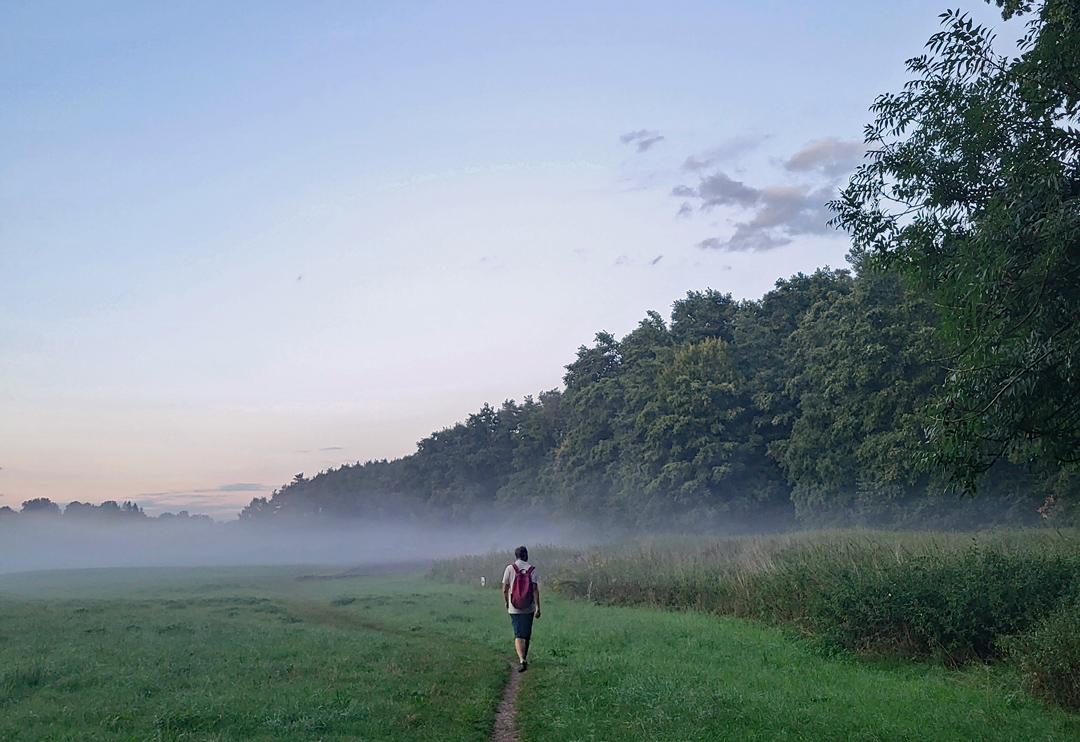 Wanderer auf einem Weg durch nebelverhangene Auen in der Abenddämmerung.