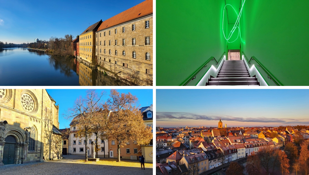 Stadtansichten aus Schweinfurt mit Flussufer, Treppe, Kirche und Blick über die Altstadt