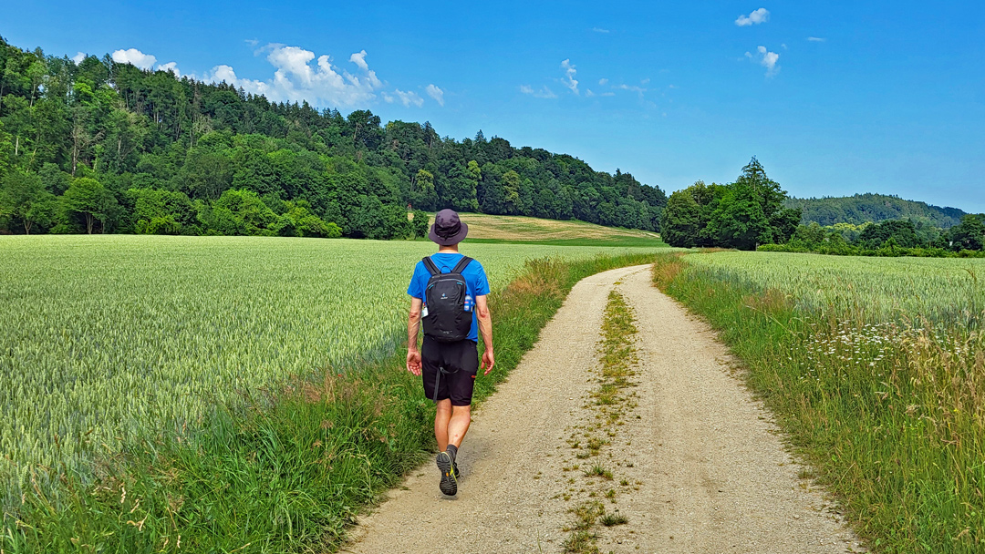 Die einfachste Rendite der Welt (Foto: Auf dem Wolfgangweg kurz vor Altötting, 2025) Wanderer mit Rucksack auf einem Weg zwischen Feldern und Wald.