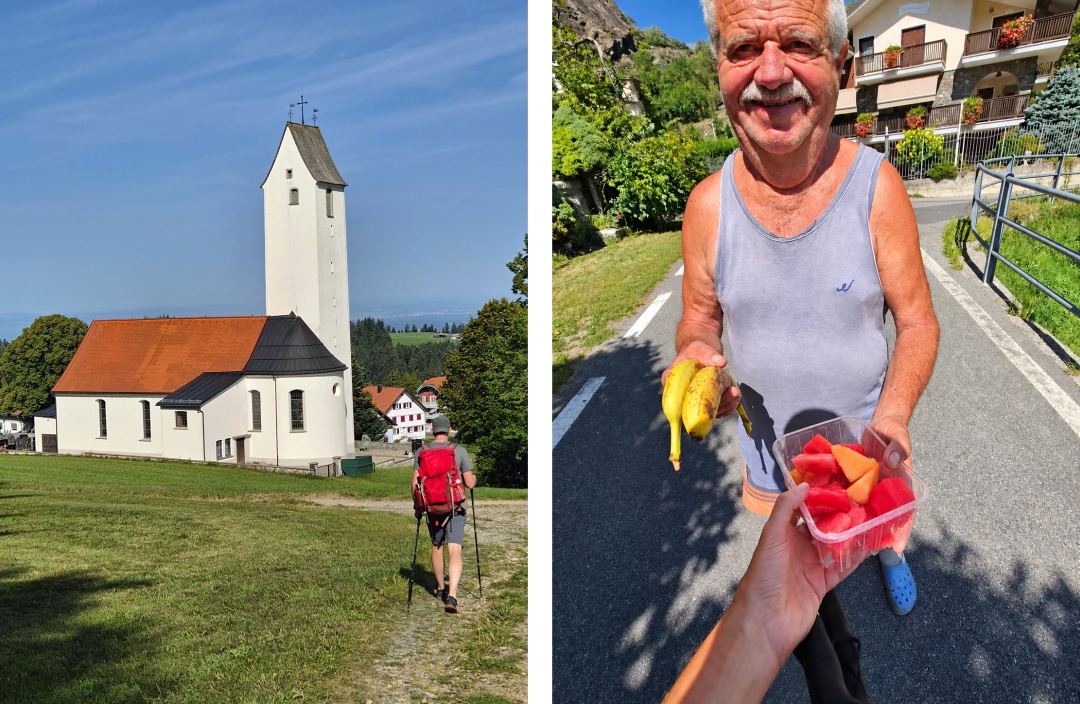 Begleitung im Allgäu und eine Begegnung im Aostatal (Fotos: Christof Herrmann, 2026) Links wandert Sören im Allgäu auf eine Kirche zu, rechts schenkt mir ein Rentner im Aostatal Bananen und Melonenstücke.
