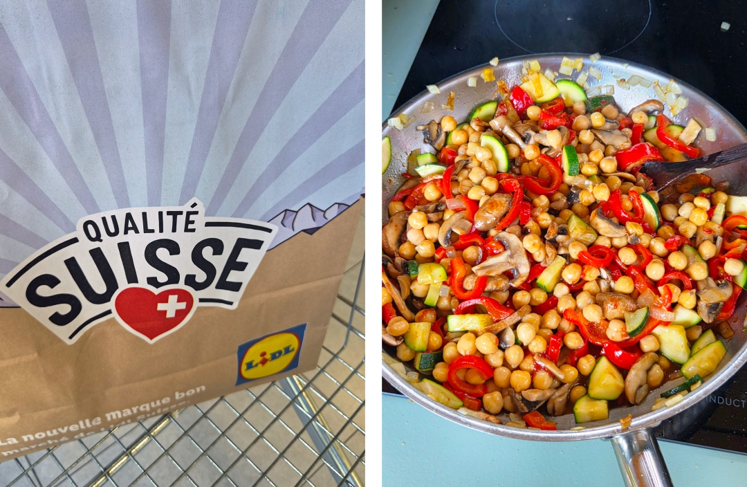 Mit Selbstversorgung zum 50-Euro-Tagesbudget (Fotos: Christof Herrmann, 2026) Einkauf bei Lidl in der Schweiz und selbst gekochte Gemüse-Kichererbsen-Pfanne auf meiner Fernwanderung von Nürnberg nach Italien.