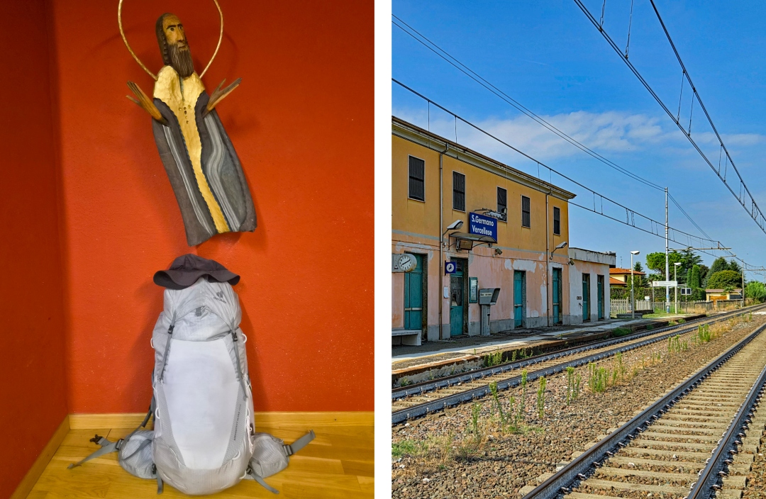 Das Ziel einer Fernwanderung darf sich ändern (Fotos: Christof Herrmann, 2026) Links mein Wanderrucksack unter einer Heiligenfigur in der Pilgerherberge Rapperswil, rechts ein Bahnhof an der Via Francigena in Norditalien.